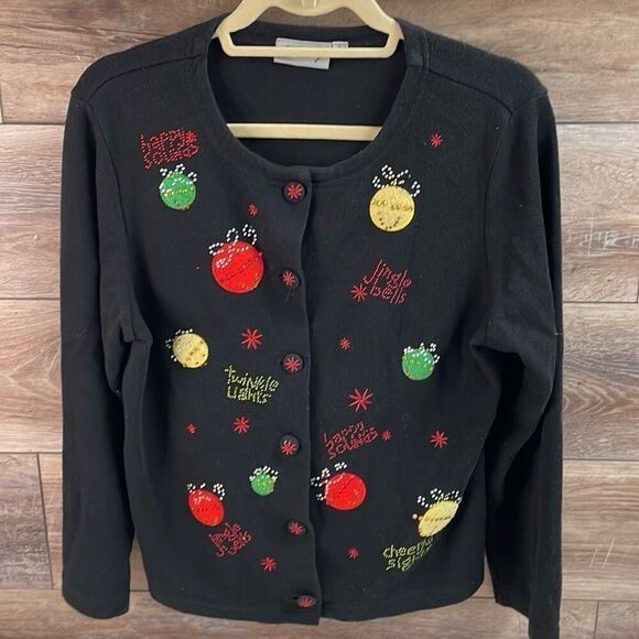 CORAL BAY Women’s Button Up Christmas Holiday Applique Bling Sweater Size Large - Picture 3 of 8